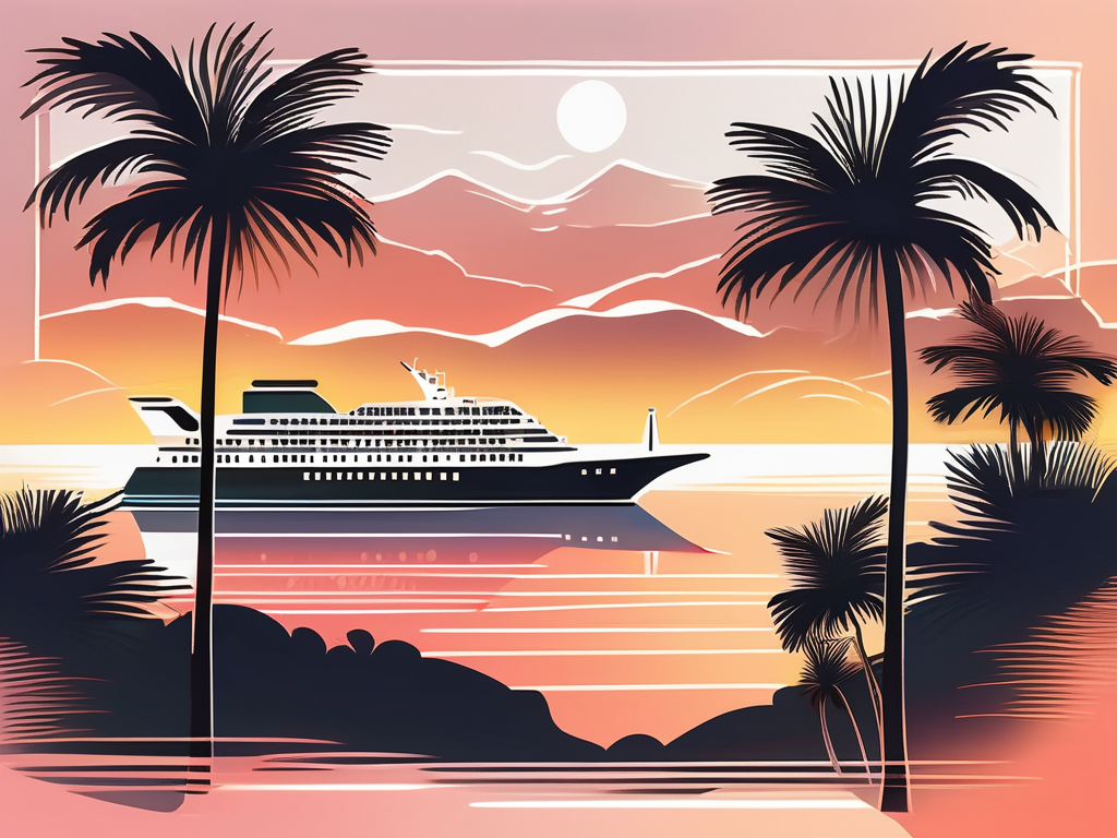 a luxury cruise ship departing from a picturesque Delray Beach, with palm trees in the foreground and a beautiful sunset in the background, hand-drawn abstract illustration for a company blog, white background, professional, minimalist, clean lines, faded colors