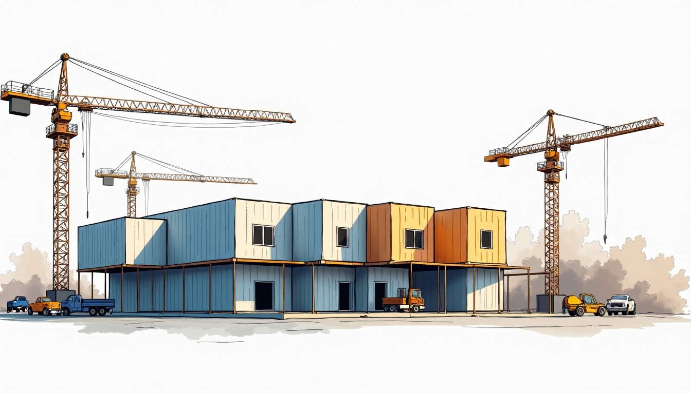 Draw an illustration of a modular construction site showcasing interlocking building modules being assembled, with cranes and scaffolding in the background, emphasizing the streamlined and efficient process of modular construction, hand-drawn abstract illustration for a company blog, white background, professional, minimalist, clean lines, faded colors