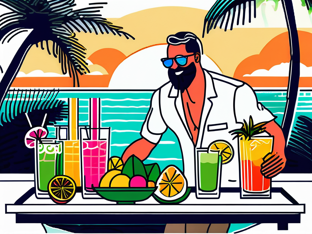 Server in sunny beach serving alcohol