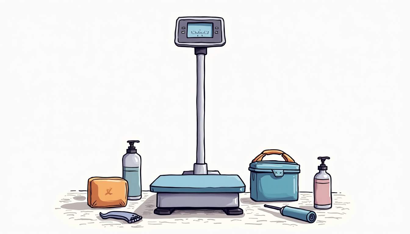 a medical scale with various accessories such as calibration weights, a cleaning kit, and maintenance tools arranged around it, set against a clean, clinical background to emphasize their importance in ensuring accurate measurements, hand-drawn abstract illustration for a company blog, white background, professional, minimalist, clean lines, faded colors