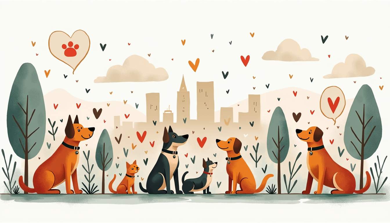 a cozy Denver neighborhood scene featuring a variety of pets, such as dogs and cats, interacting happily with their surroundings, alongside symbols of trust and care like a heart, a paw print, and a checkmark integrated into the landscape, hand-drawn abstract illustration for a company blog, white background, professional, minimalist, clean lines, faded colors