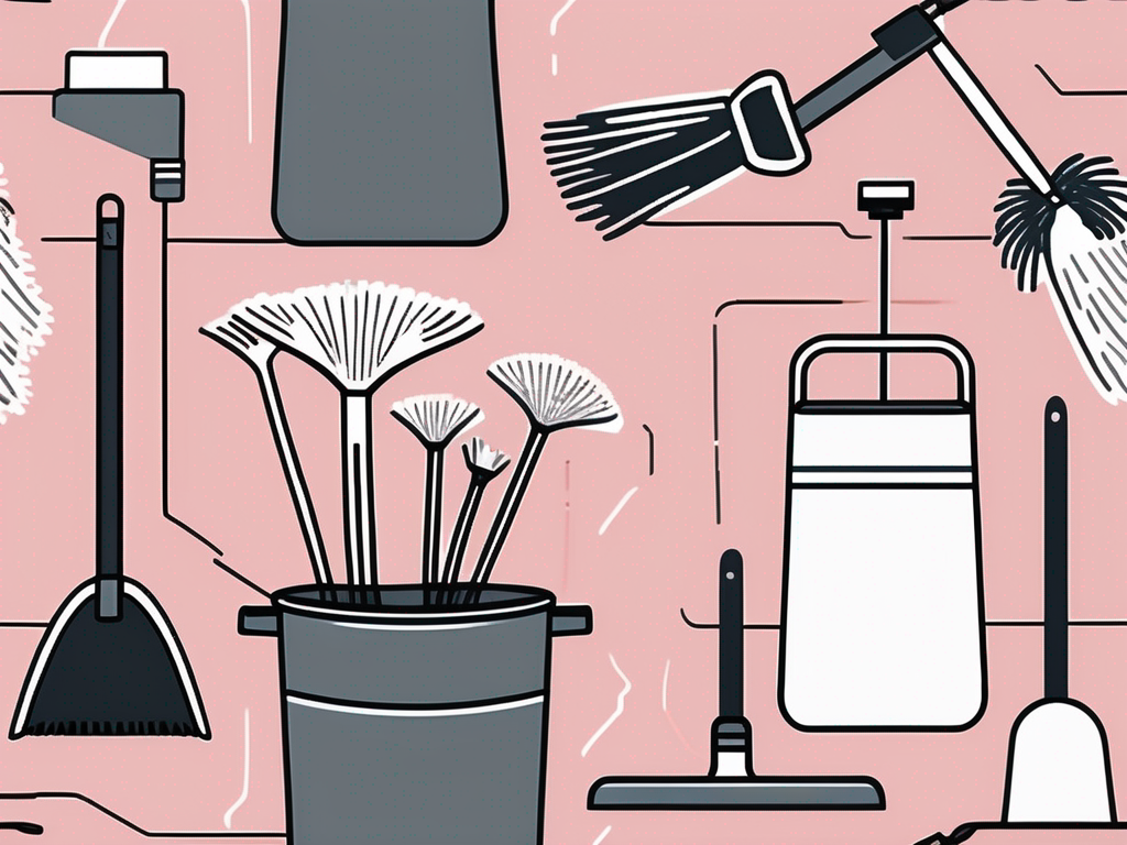 a pristine, well-organized Dayton home with various housekeeping tools like a mop, vacuum cleaner, feather duster, and bucket placed strategically, hand-drawn abstract illustration for a company blog, white background, professional, minimalist, clean lines, stone pink