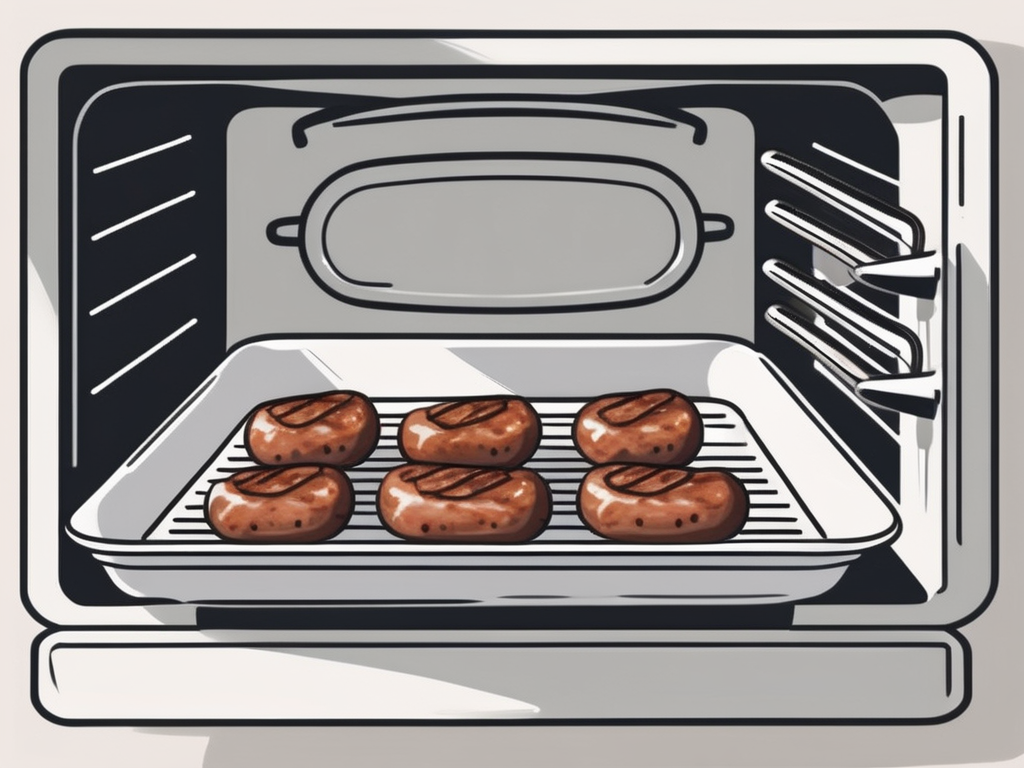 Esposito's breakfast sausage links placed on a baking tray inside an open oven, surrounded by cooking utensils like a spatula and oven mitts, hand-drawn abstract illustration for a company blog, white background, professional, minimalist, clean lines, faded colors