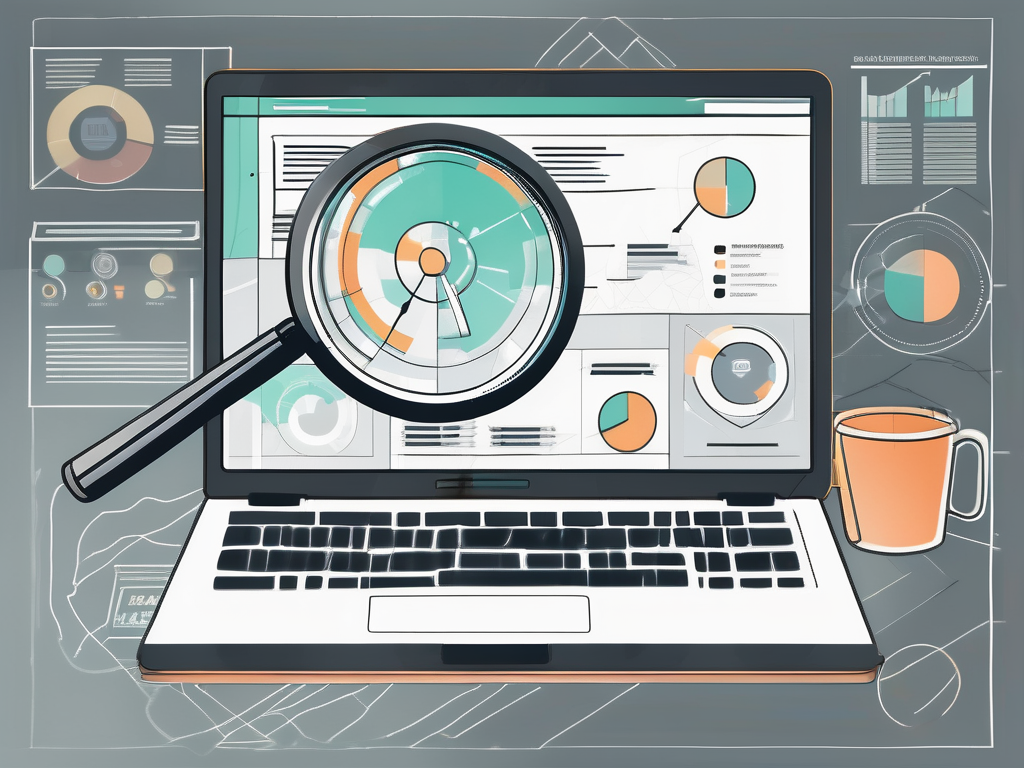 a magnifying glass over a digital marketing plan on a computer screen, with two distinct areas highlighted to represent the primary and secondary audience research, hand-drawn abstract illustration for a company blog, white background, professional, minimalist, clean lines, faded colors