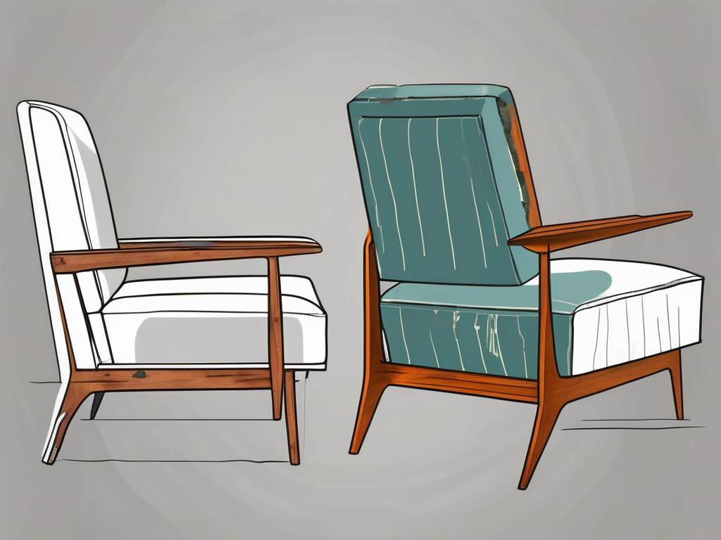 a mid-century modern chair in a state of disrepair on one side, and the same chair fully restored on the other side, to visually represent the transformation process, hand-drawn abstract illustration for a company blog, white background, professional, minimalist, clean lines, faded colors