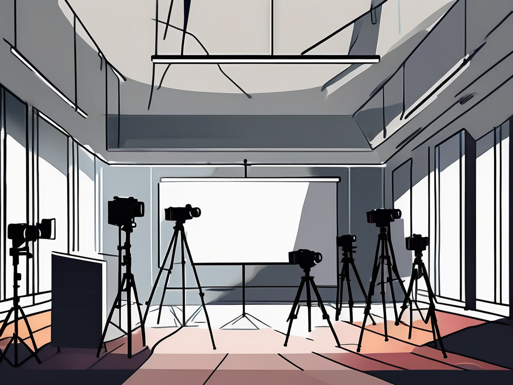 a dimly lit event venue with a camera on a tripod, equipped with a flash, capturing the scene with different colored lights and shadows, hand-drawn abstract illustration for a company blog, white background, professional, minimalist, clean lines, faded colors