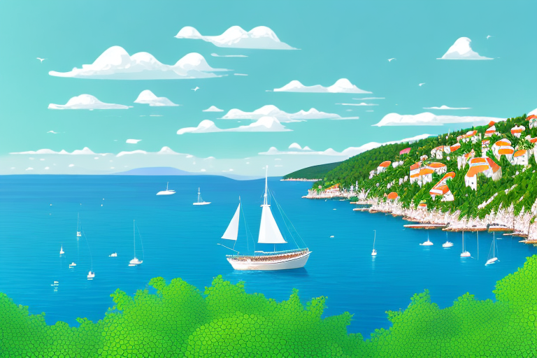 a scenic view of Rabac, showcasing its crystal clear waters, a boat sailing on the sea, and the picturesque coastline with lush greenery and traditional Croatian architecture, hand-drawn abstract illustration for a company blog, in style of corporate memphis, faded colors, white background, professional, minimalist, clean lines