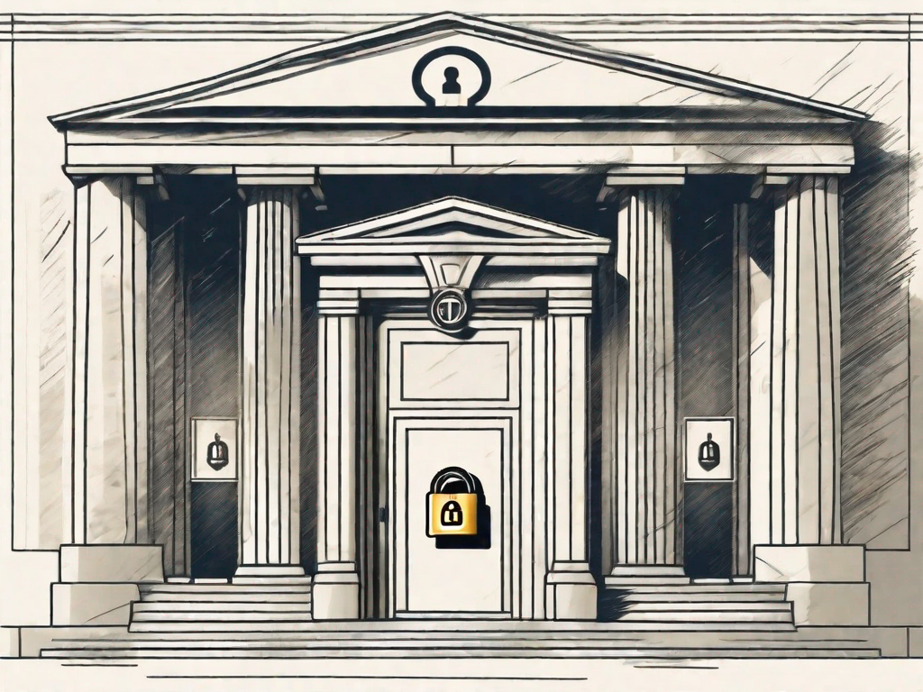 a bank building with a padlock on the entrance, and an ACH (Automated Clearing House) symbol floating above it, hand-drawn abstract illustration for a company blog, white background, professional, minimalist, clean lines, faded colors