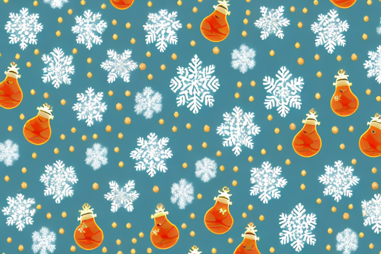 various traditional Christmas symbols such as a decorated tree, wrapped gifts, a partridge in a pear tree, turtle doves, and golden rings, all set against a festive background with snowflakes and twinkling lights, hand-drawn abstract illustration for a company blog, in style of corporate memphis, faded colors, white background, professional, minimalist, clean lines