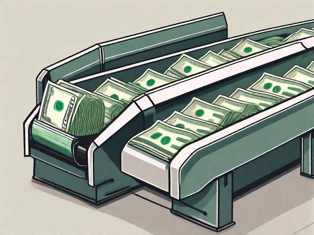 a halted conveyor belt with dollar bills on it, signifying stopped payment, hand-drawn abstract illustration for a company blog, white background, professional, minimalist, clean lines, faded colors