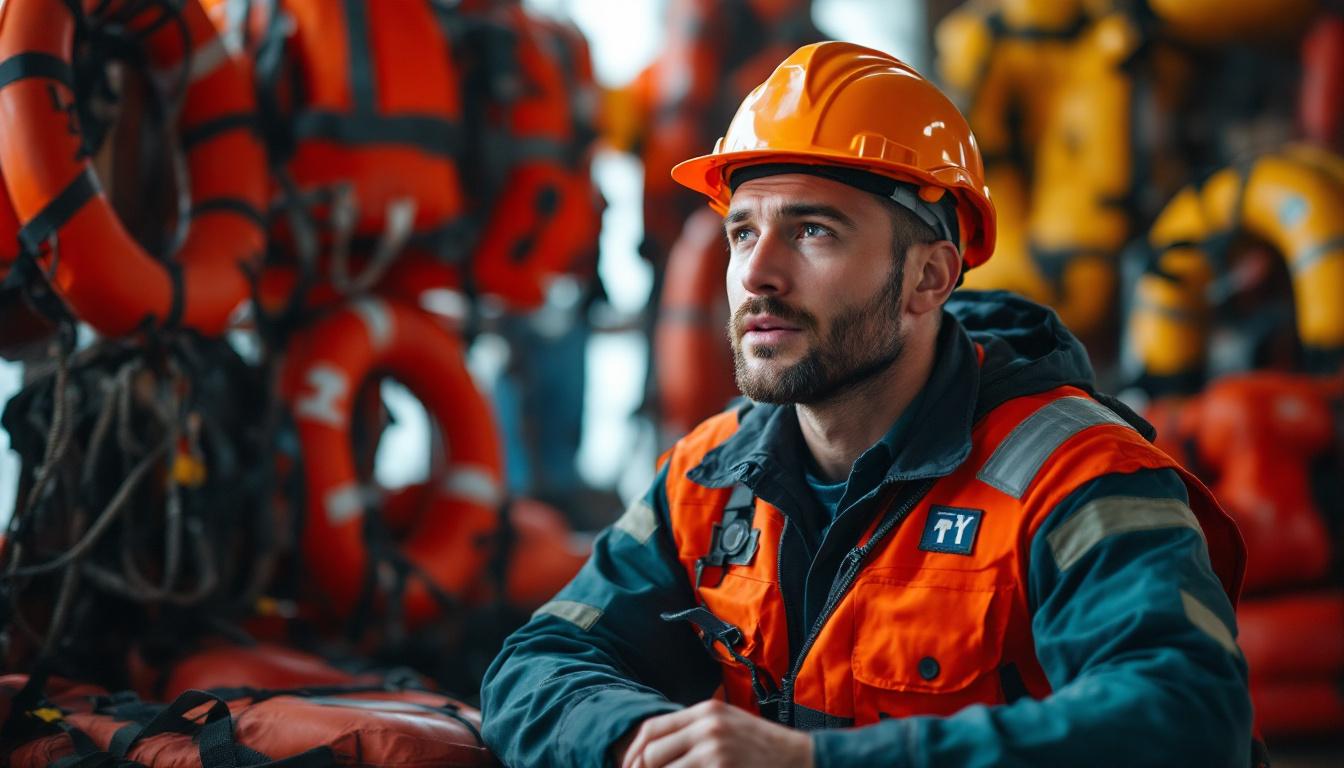 A marine safety worker in an orange helmet and flotation vest looking upward, surrounded by life jackets and safety equipment in an industrial setting.