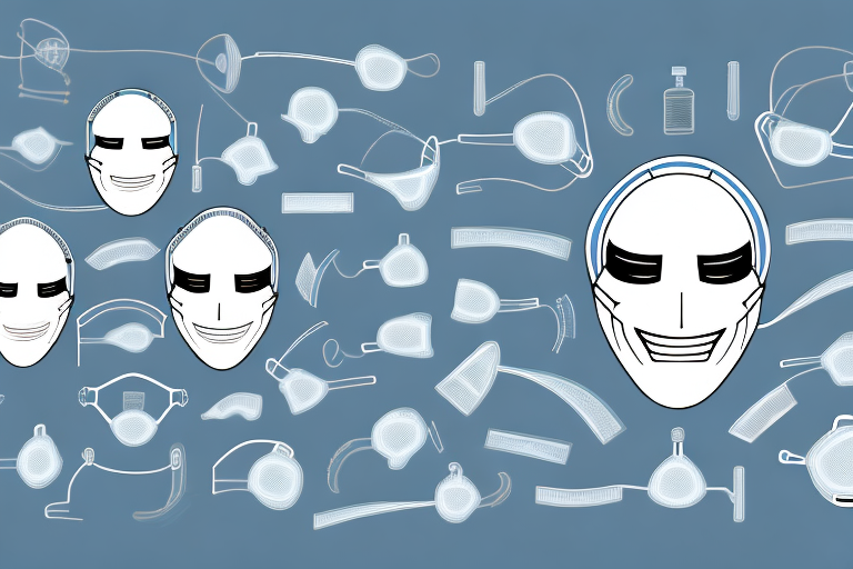 several different types of ResMed masks, highlighting their unique features, with symbols representing benefits and user satisfaction, hand-drawn abstract illustration for a company blog, in style of corporate memphis, faded colors, white background, professional, minimalist, clean lines