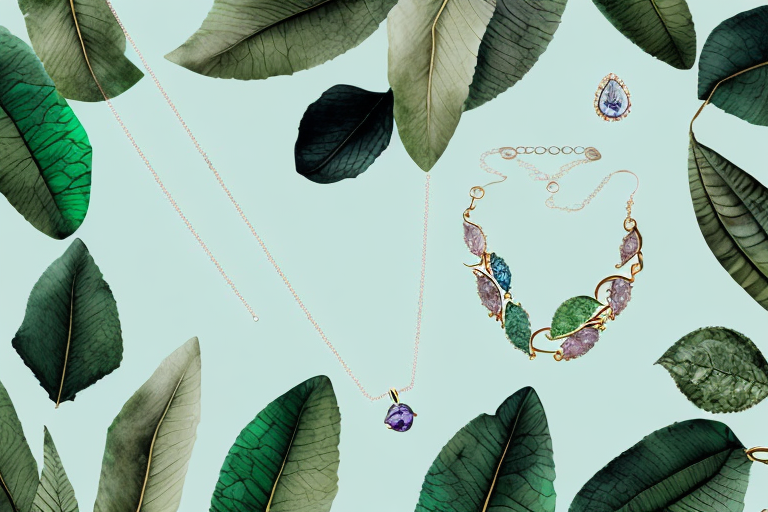 a variety of elegant jewelry pieces like necklaces, earrings, and bracelets, made from recycled materials and ethically-sourced gems, displayed on a lush green leaf to represent sustainability, hand-drawn abstract illustration for a company blog, in style of corporate memphis, faded colors, white background, professional, minimalist, clean lines