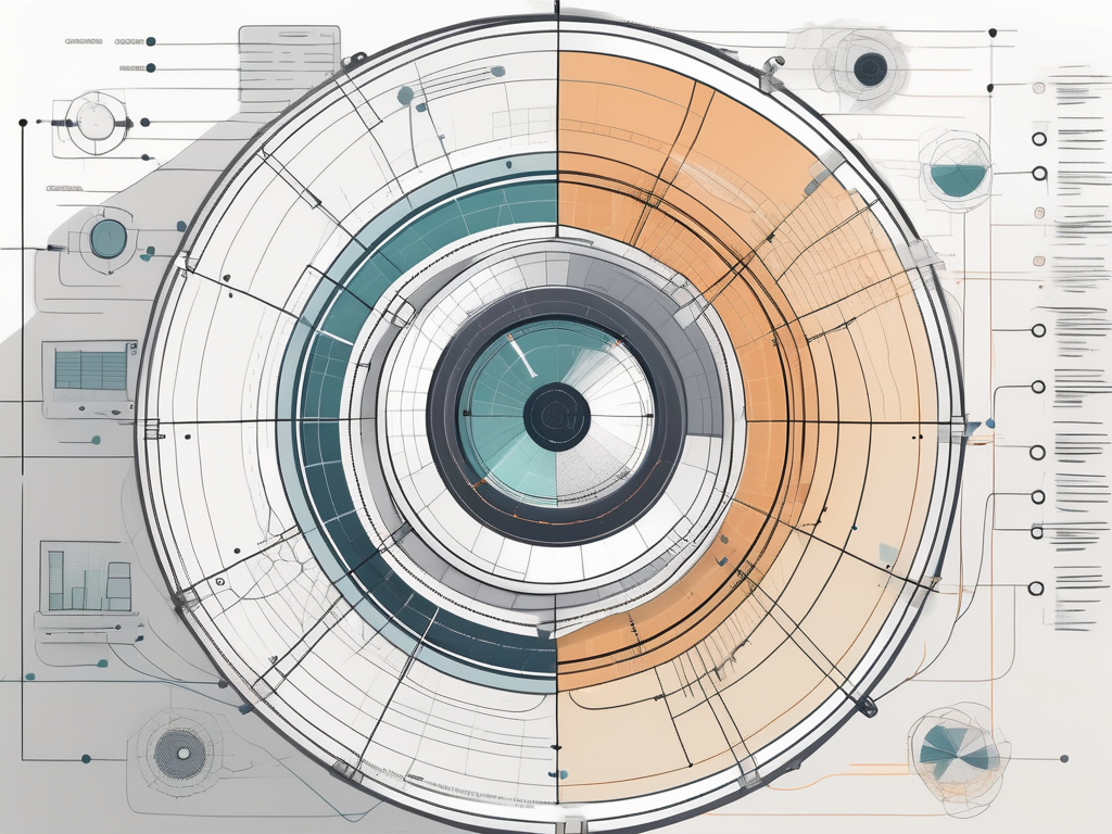 a large camera lens divided into sections, each containing different elements of project management tools like checklists, charts, and timelines, with dotted lines connecting them to represent a distributed network, hand-drawn abstract illustration for a company blog, white background, professional, minimalist, clean lines, faded colors