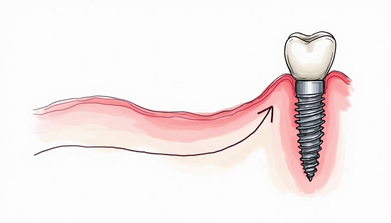 an anatomical diagram showing a dental implant in a jawbone, highlighting its components and the surrounding gum tissue, with a timeline or lifespan indicator to visually represent the longevity of dental implants, hand-drawn abstract illustration for a company blog, white background, professional, minimalist, clean lines, faded colors
