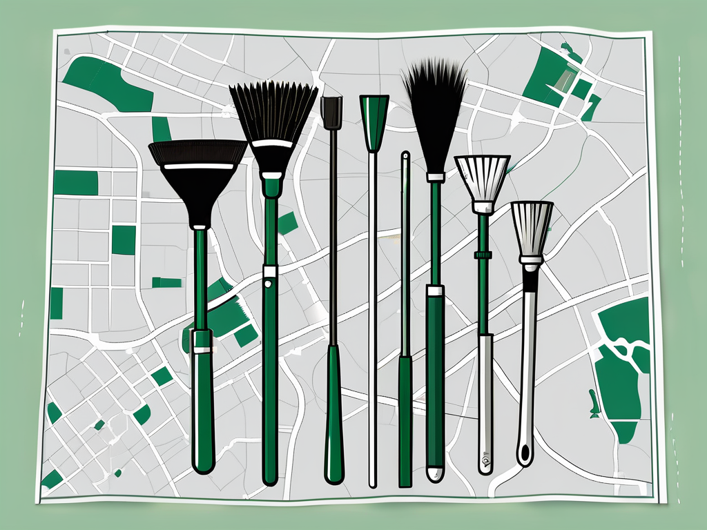 various cleaning tools like brooms, mops, and buckets, arranged neatly on a map of Orlando, Florida, with a contract or agreement paper in the background, hand-drawn abstract illustration for a company blog, white background, professional, minimalist, clean lines, forest green and gray