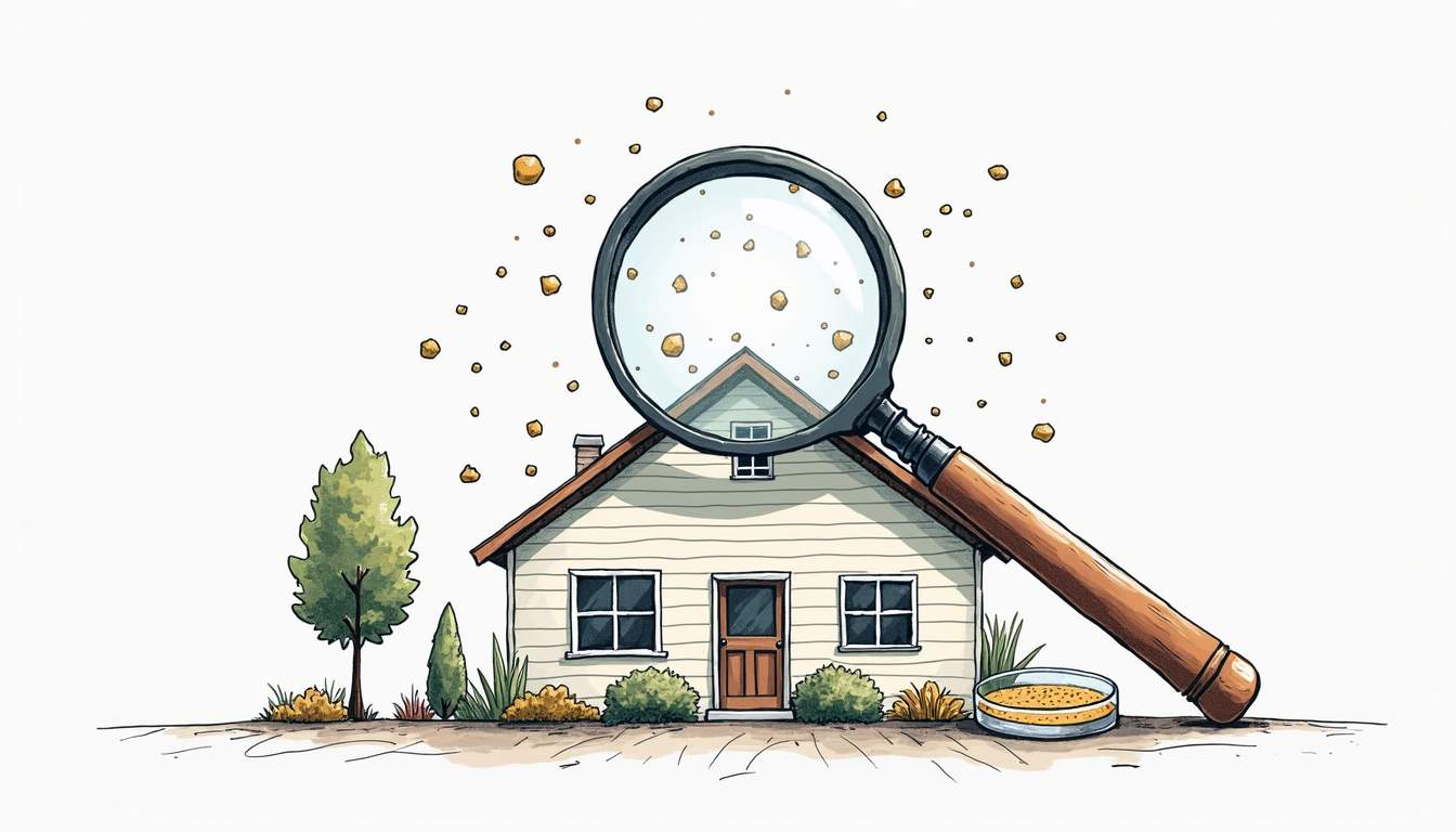 a magnifying glass over a house, with mold spores subtly visible in the air, surrounded by various testing equipment like petri dishes and air sampling devices, to convey the theme of mold testing and inspection, hand-drawn abstract illustration for a company blog, white background, professional, minimalist, clean lines, #004c4c colour scheme