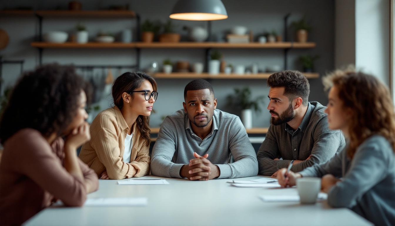 Familiemedlemmer i et familieselskap som forsøker å løse opp i konflikter som har oppstått.