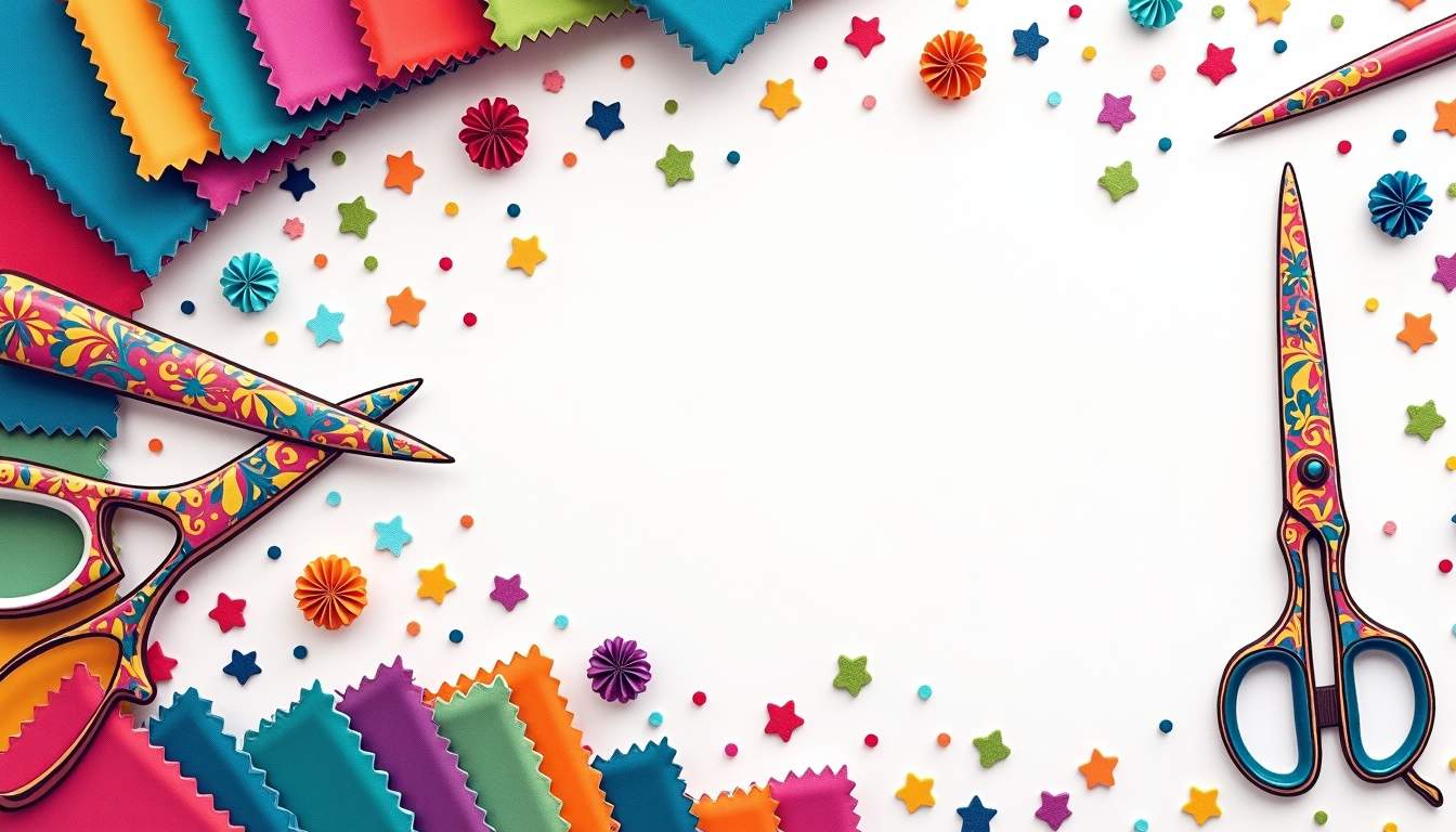 an array of vibrant, intricately designed scissors surrounded by colorful fabric swatches and sewing tools, symbolizing the transformative power of crafting and creativity, hand-drawn abstract illustration for a company blog, white background, professional, minimalist, clean lines, faded colors