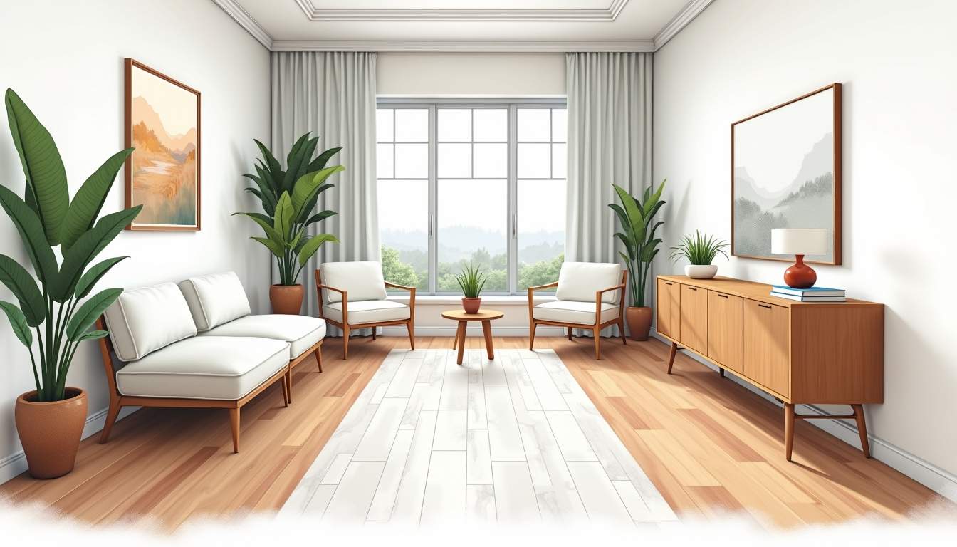 an elegant room showcasing a variety of durable flooring materials, such as polished hardwood, sleek tile, and luxurious vinyl, arranged in a visually appealing layout with decorative elements like plants and stylish furniture to highlight their beauty and resilience, hand-drawn abstract illustration for a company blog, white background, professional, minimalist, clean lines, faded colors