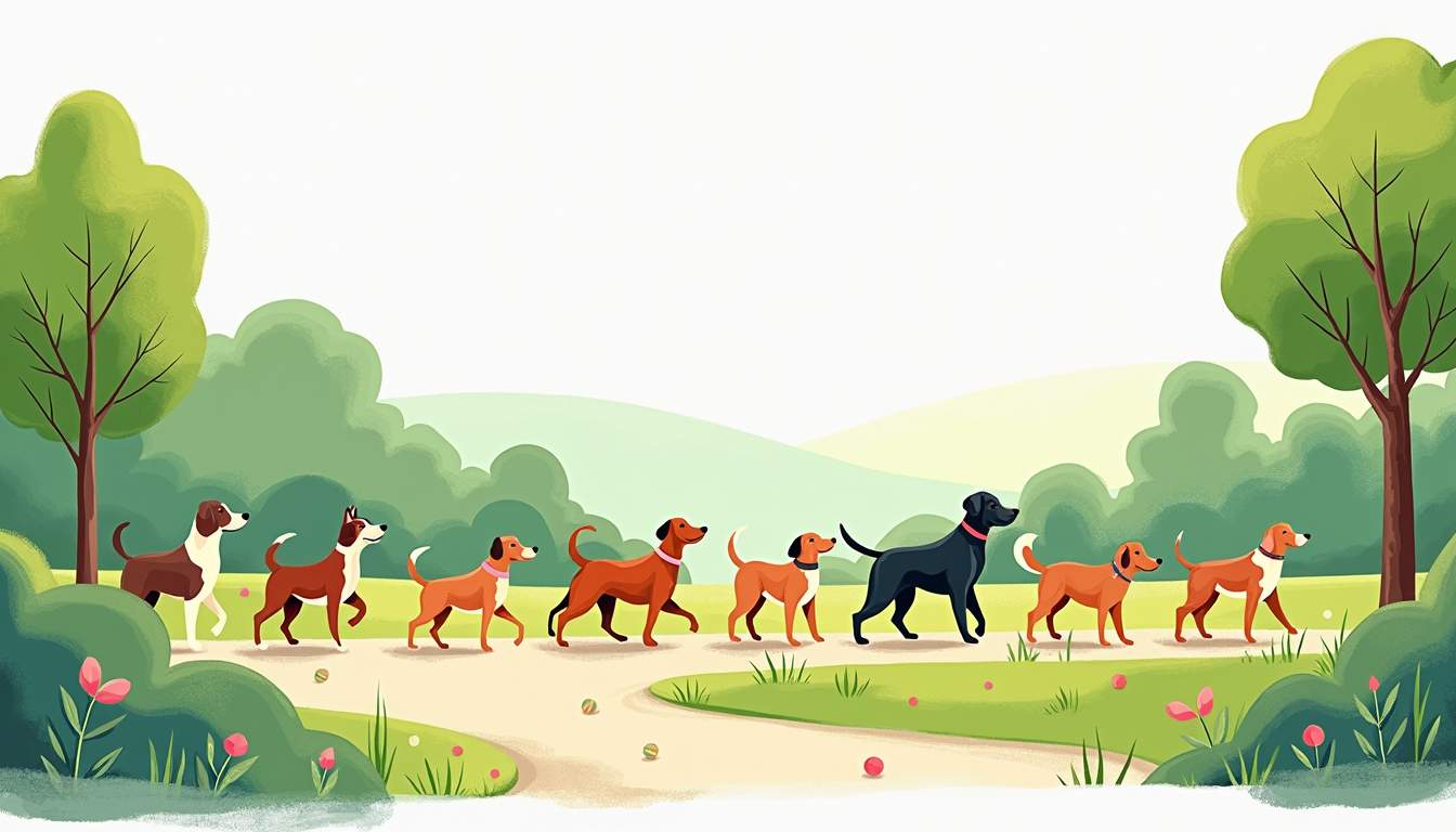 a vibrant park scene featuring a variety of dogs happily walking along a winding path, surrounded by lush greenery, trees, and playful elements like frisbees and balls, to visually convey the benefits of regular dog walks for canine health, hand-drawn abstract illustration for a company blog, white background, professional, minimalist, clean lines, faded colors