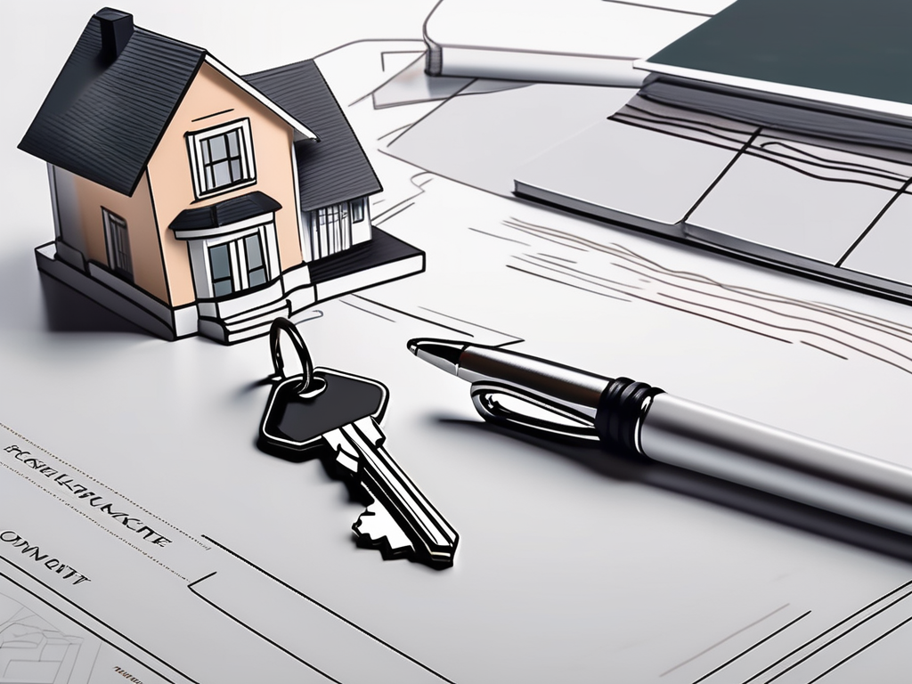 a set of keys on top of a signed contract, with a small model house and a pen nearby, to represent the process of purchasing real estate, hand-drawn abstract illustration for a company blog, white background, professional, minimalist, clean lines, faded colors