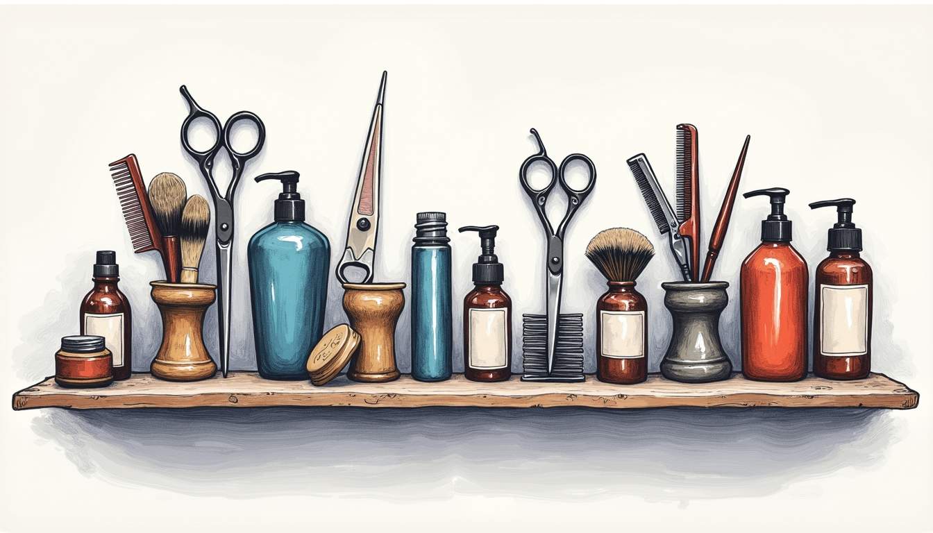 an organized grooming kit showcasing an array of essential barbering tools, such as scissors, clippers, combs, brushes, and grooming products, all artfully arranged on a stylish countertop with a backdrop of a vintage barber shop setting, hand-drawn abstract illustration for a company blog, white background, professional, minimalist, clean lines, faded colors