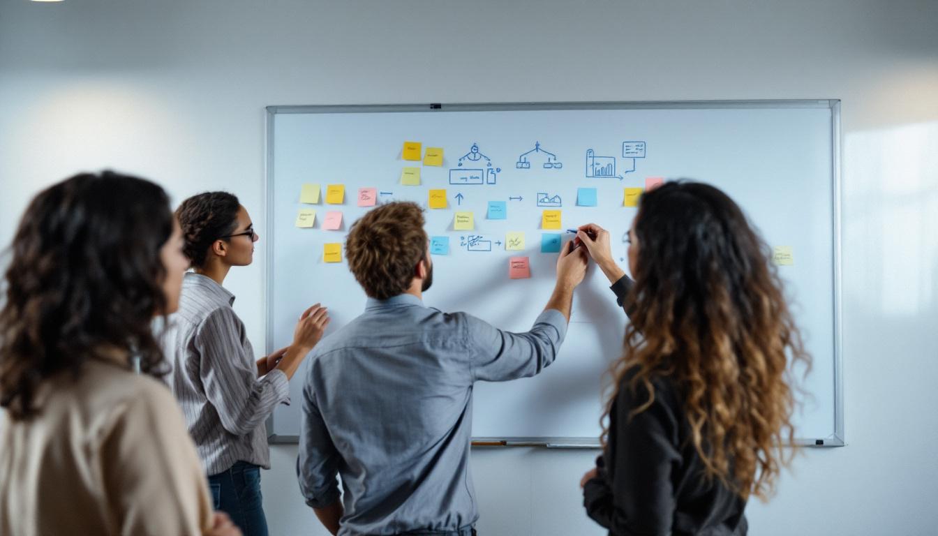 Ansatte som planlegger på whiteboard med lapper i et møte, som illustrerer hvordan bedriften kan implementere KI-løsninger trinnvis gjennom strukturert arbeidsflyt og tydelig strategi.