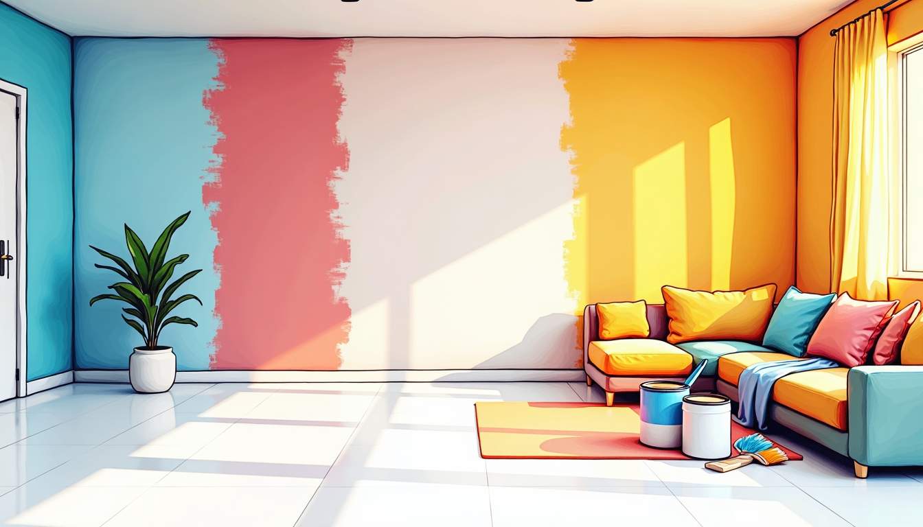 an open living room space with freshly painted walls in vibrant colors, showcasing paint cans, brushes, and a color palette nearby, to emphasize the theme of affordable HDB painting packages, hand-drawn abstract illustration for a company blog, white background, professional, minimalist, clean lines, faded colors