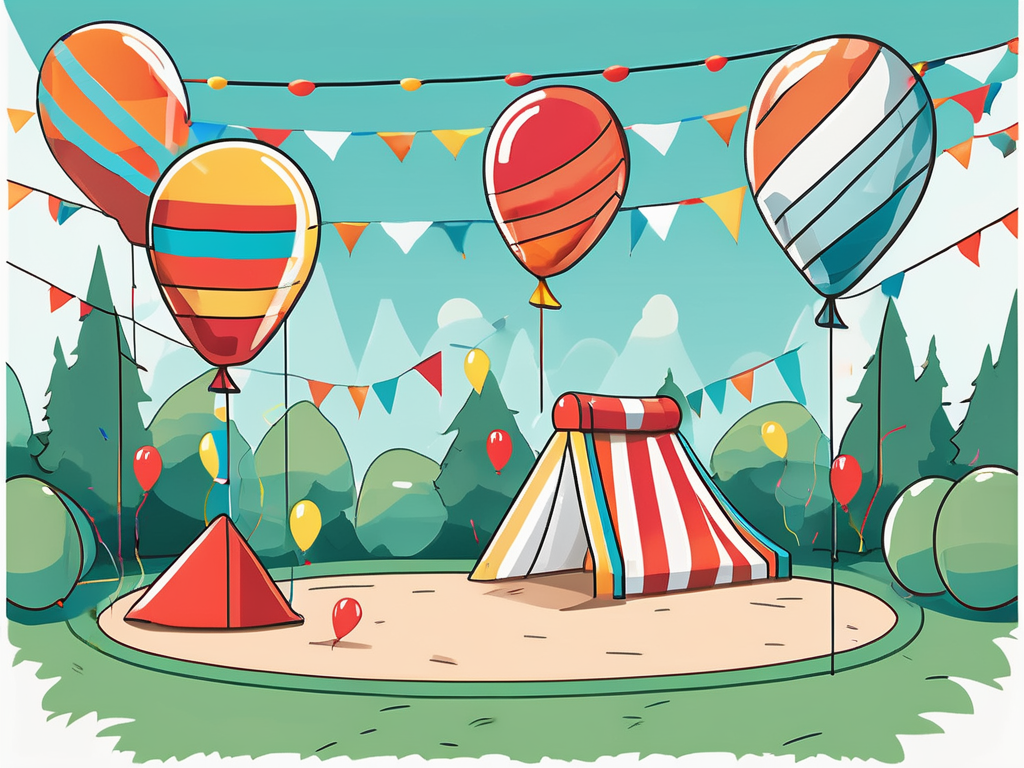 various inflatable games like a bouncy castle, water slide, and ring toss, all set up in a festive backyard setting, complete with colorful balloons and streamers, hand-drawn abstract illustration for a company blog, white background, professional, minimalist, clean lines, faded colors