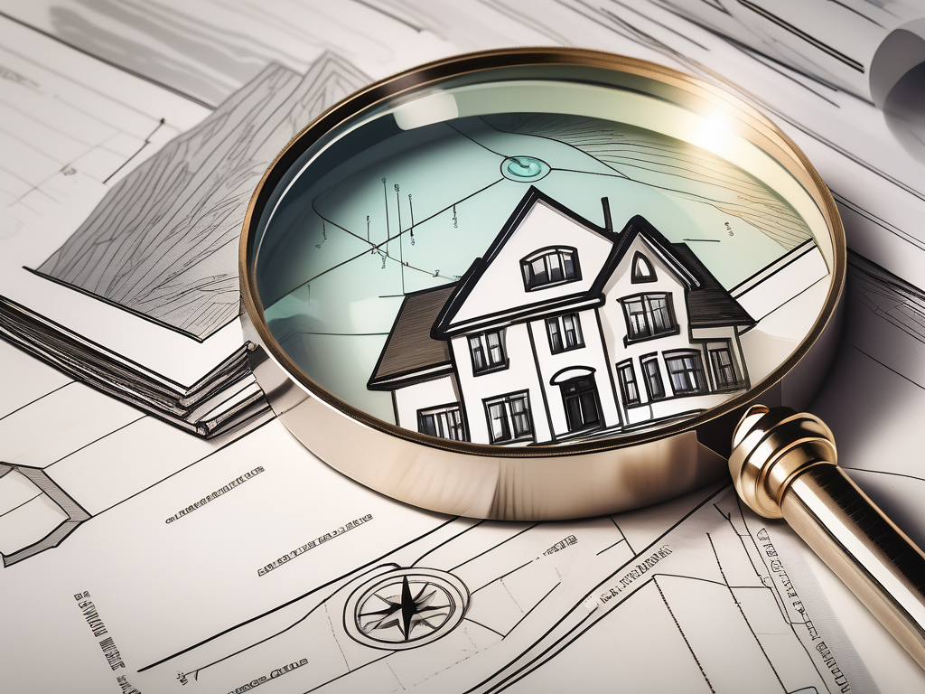 a compass on top of various real estate documents such as deeds and titles, with a house key and a magnifying glass nearby, hand-drawn abstract illustration for a company blog, white background, professional, minimalist, clean lines, faded colors