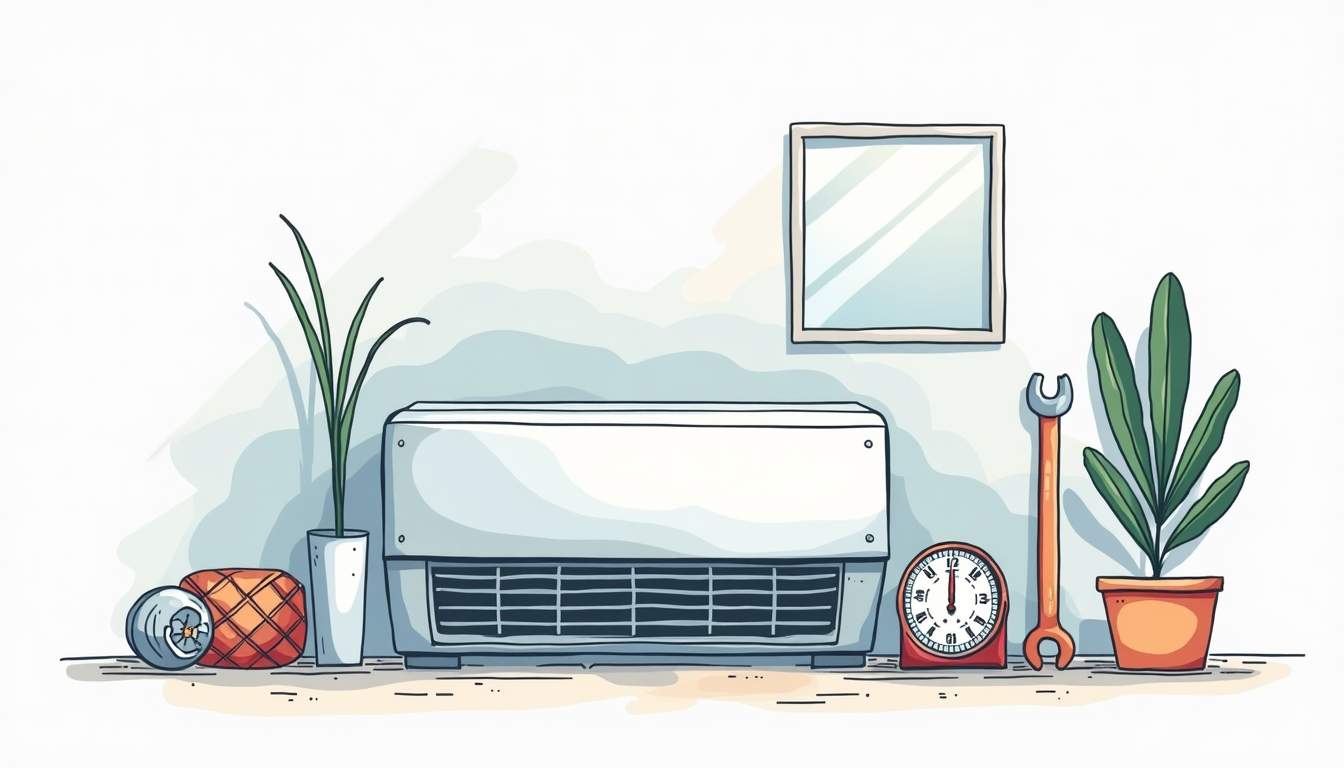 an air conditioning unit surrounded by various maintenance tools like a filter, a thermometer, and a wrench, set against a backdrop of a clean, well-maintained home environment to emphasize smart maintenance practices, hand-drawn abstract illustration for a company blog, white background, professional, minimalist, clean lines, faded colors