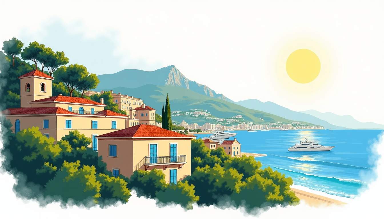 a picturesque view of Beausoleil, showcasing its charming hillside architecture, vibrant greenery, and the stunning backdrop of the Mediterranean Sea and Monaco skyline under a bright, sunny sky, hand-drawn abstract illustration for a company blog, white background, professional, minimalist, clean lines, faded colors