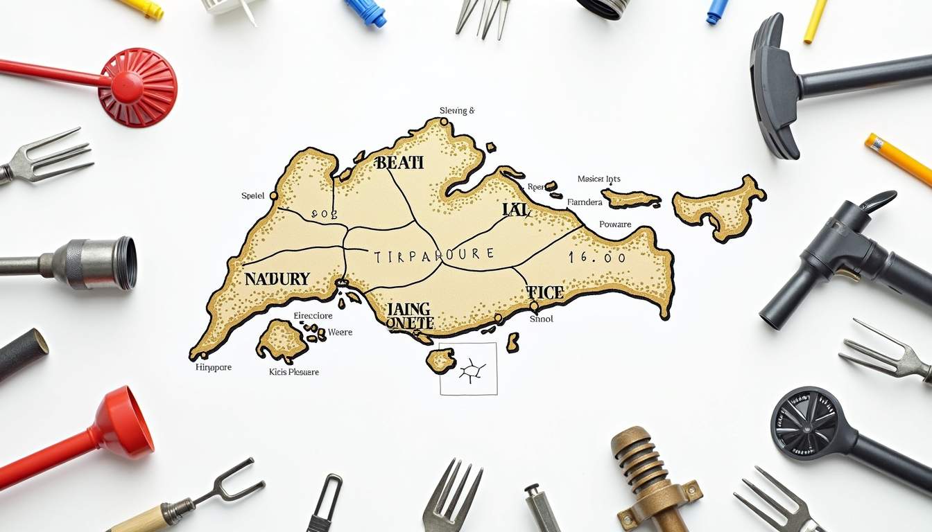 an assortment of drain cleaning tools and equipment, such as a plunger, drain snake, and high-pressure water jet, arranged around a stylized map of Singapore, highlighting key locations for drain cleaning services, hand-drawn abstract illustration for a company blog, white background, professional, minimalist, clean lines, faded colors