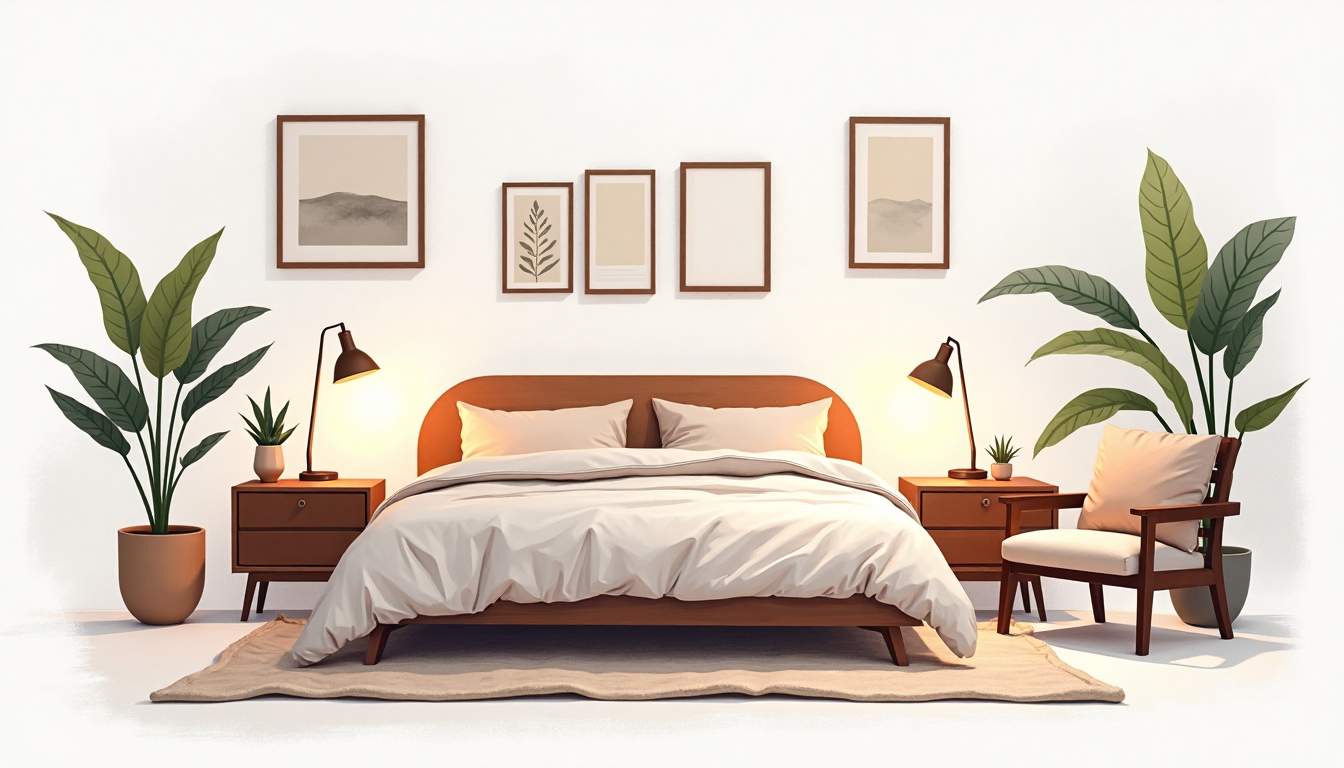 a serene bedroom scene featuring a plush bed with layered bedding, soft lighting from stylish lamps, a cozy reading nook with a comfortable chair, and decorative elements like plants and artwork that evoke a warm and inviting atmosphere, hand-drawn abstract illustration for a company blog, white background, professional, minimalist, clean lines, faded colors