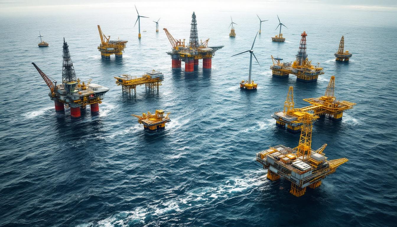 Multiple offshore oil platforms and wind turbines spread across open ocean waters, illustrating a mixed energy landscape combining traditional oil and gas infrastructure with emerging offshore wind power.