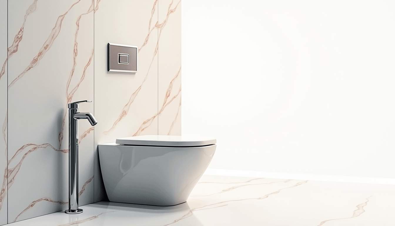 a sleek, modern bathroom featuring a stylish bidet spray attachment prominently displayed next to a pristine toilet, with elegant tiles and soft lighting to create a serene and inviting atmosphere, hand-drawn abstract illustration for a company blog, white background, professional, minimalist, clean lines, faded colors