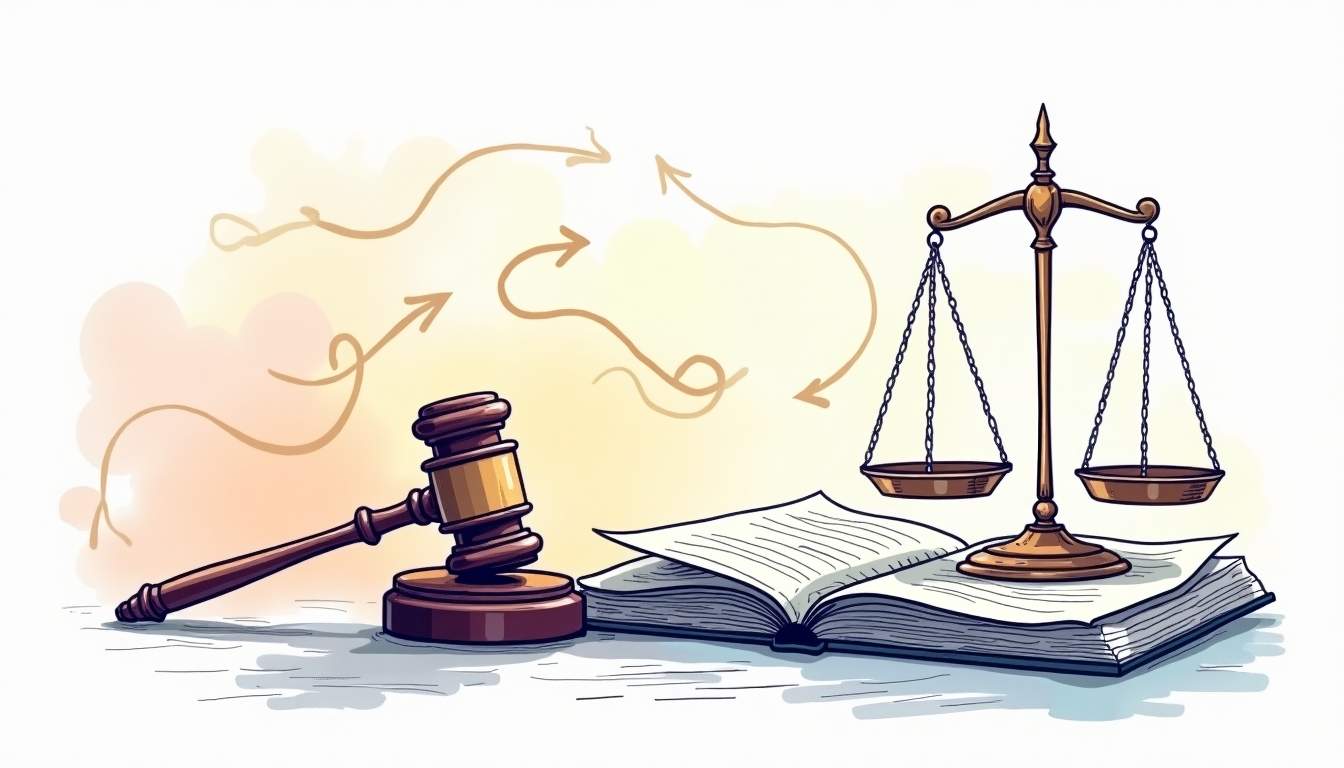 an abstract representation of a courtroom scene, featuring a gavel, scales of justice, and legal documents, set against a backdrop that symbolizes the journey of a negligence claim, such as winding paths or arrows leading towards a resolution, hand-drawn abstract illustration for a company blog, white background, professional, minimalist, clean lines, faded colors