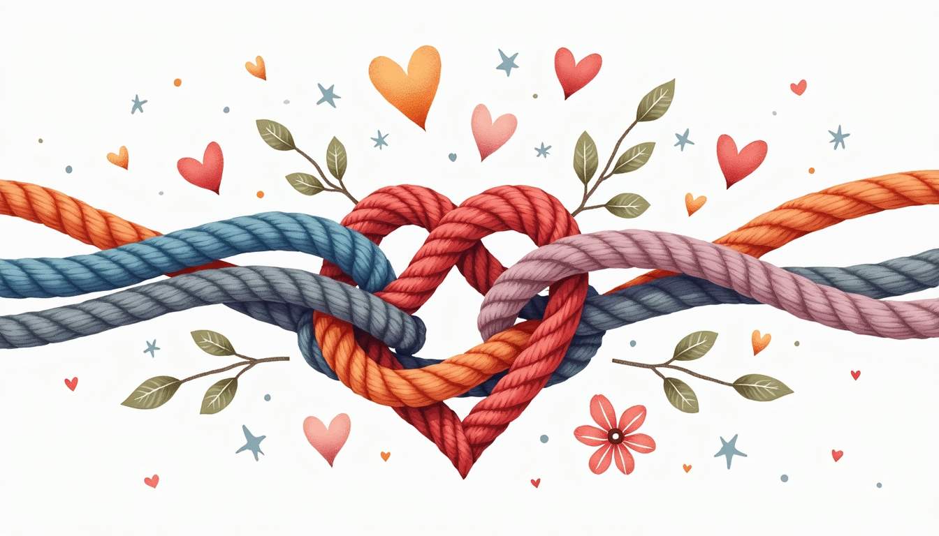an intertwined set of colorful ropes or threads forming a strong knot, symbolizing the unbreakable bonds of a healthy relationship, surrounded by subtle elements like hearts, flowers, and leaves to represent love and growth, hand-drawn abstract illustration for a company blog, white background, professional, minimalist, clean lines, faded colors