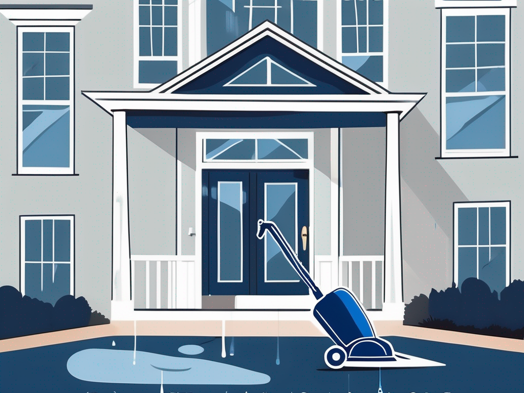 a pristine, sparkling clean home in the scenic town of Mount Airy, Maryland, with a bottle of cleaning solution and a mop nearby, hand-drawn abstract illustration for a company blog, white background, professional, minimalist, clean lines, deep blue and slate