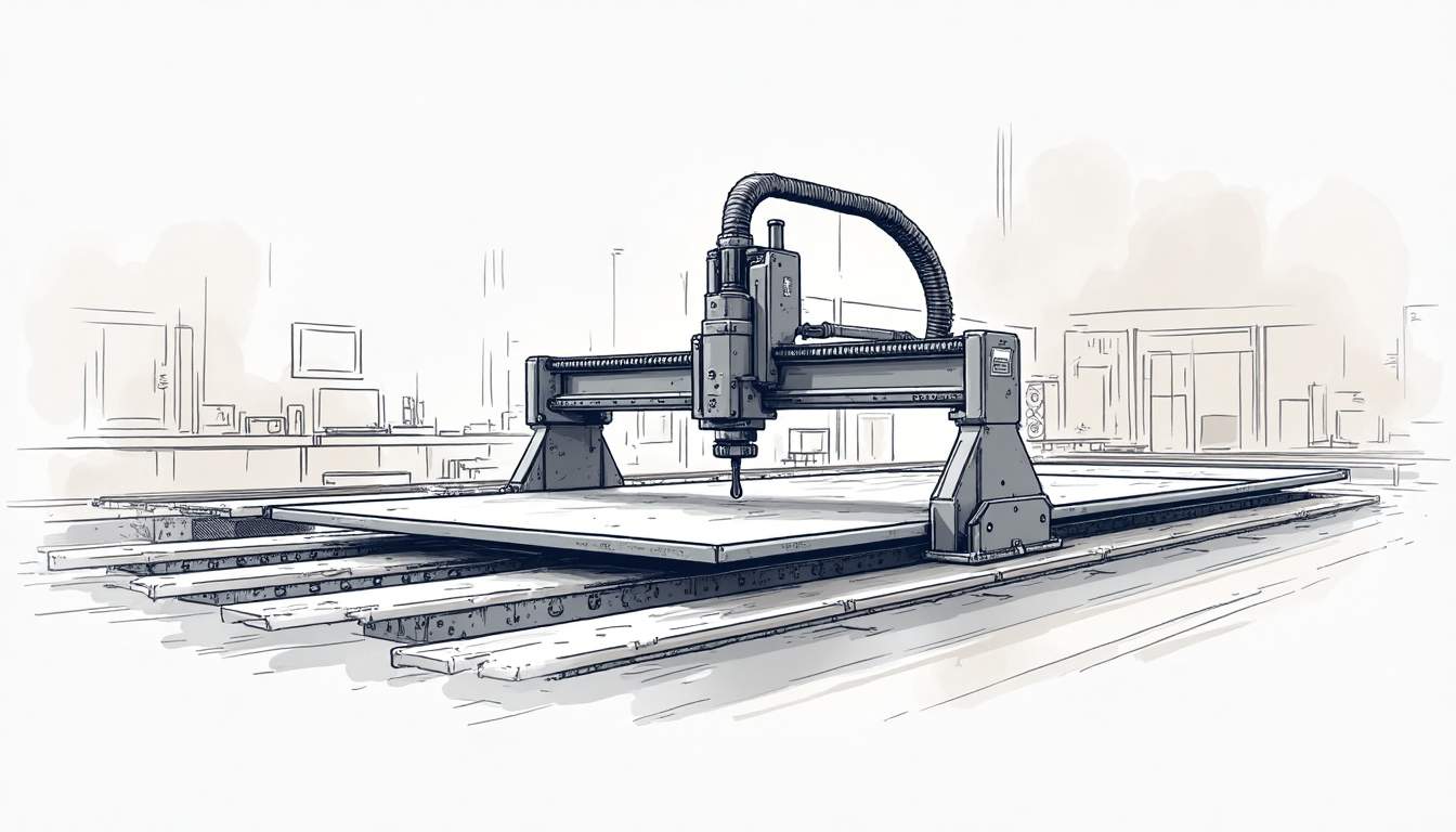 an industrial waterjet cutting machine in action, showcasing a stream of water cutting through a metal sheet, with a backdrop of various cut materials and a clean, organized workshop environment, hand-drawn abstract illustration for a company blog, white background, professional, minimalist, clean lines, faded colors