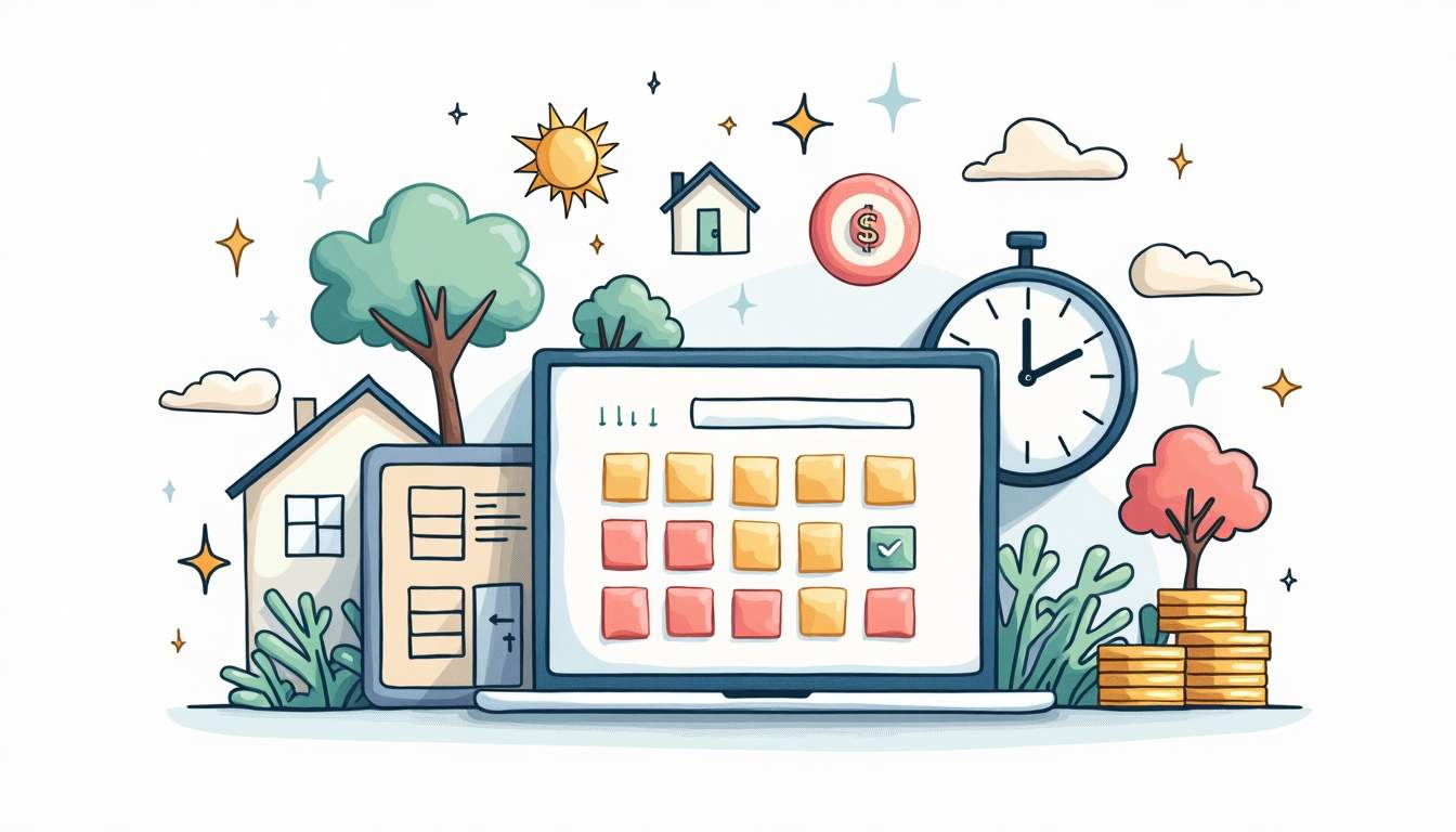 a digital rent affordability calculator surrounded by symbols of money, time (like a clock), and housing, conveying the concept of smart financial decision-making in renting, hand-drawn abstract illustration for a company blog, white background, professional, minimalist, clean lines, faded colors