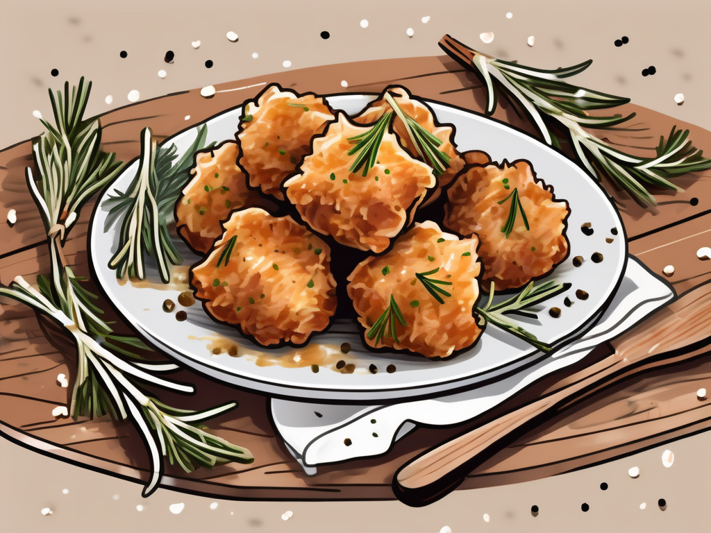 golden-brown pork bites generously coated in garlic parmesan sauce, placed on a rustic wooden board with sprigs of fresh rosemary and whole cloves of garlic scattered around, hand-drawn abstract illustration for a company blog, white background, professional, minimalist, clean lines, faded colors