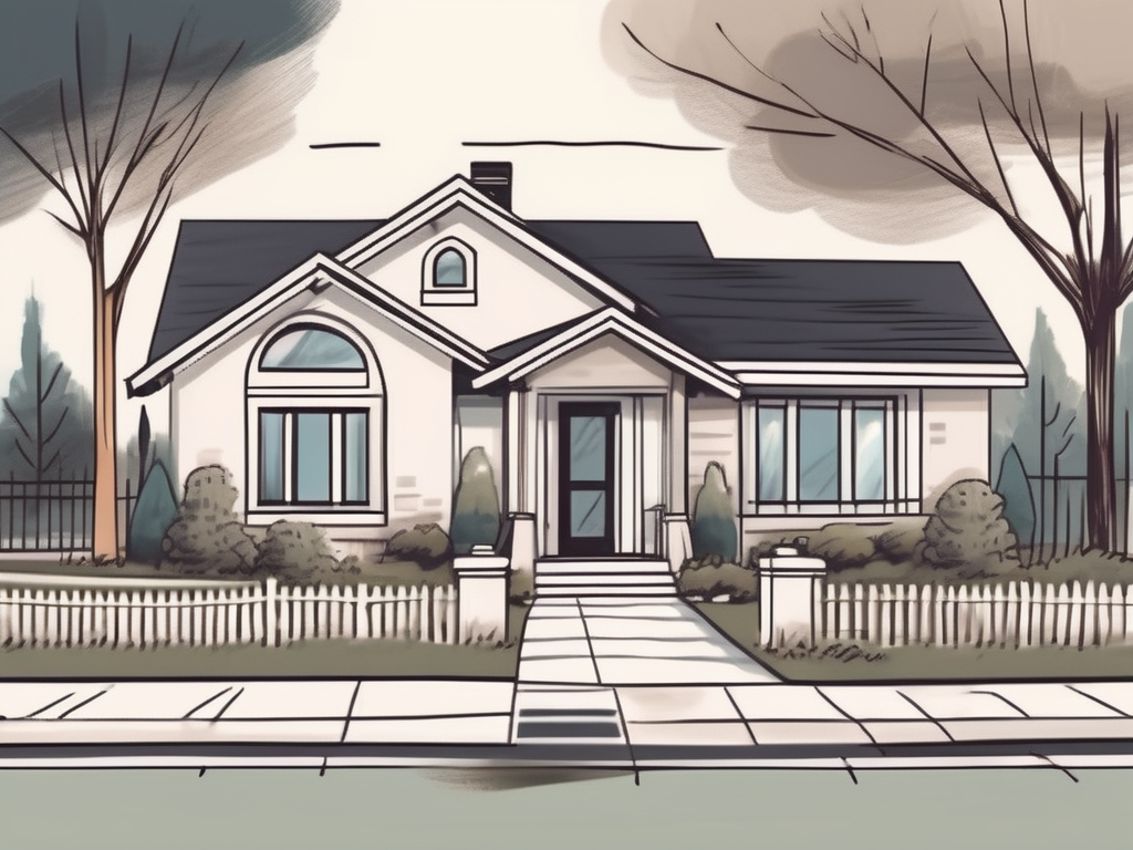 a charming house with an attractive front yard, along with a camera capturing the scene, and a notepad with a pen on the side, symbolizing the property description, hand-drawn abstract illustration for a company blog, white background, professional, minimalist, clean lines, faded colors