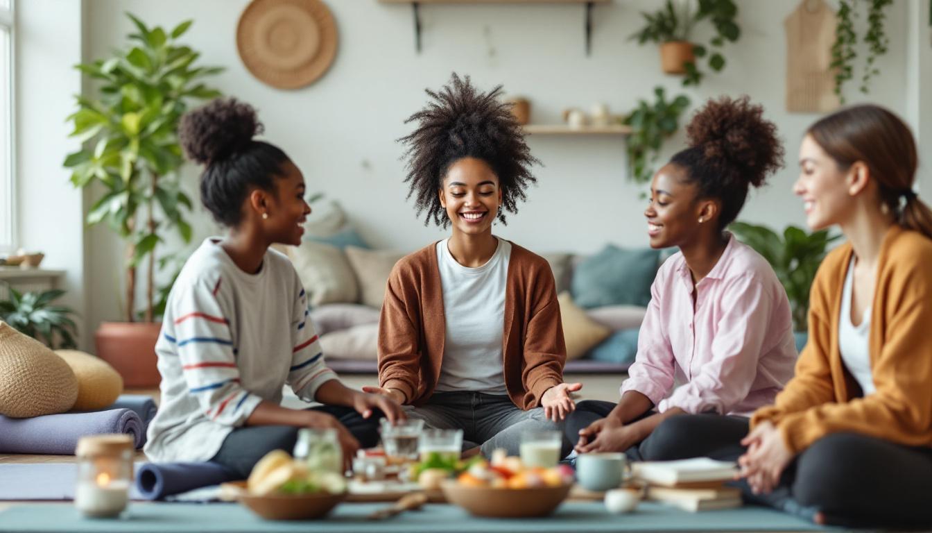 Fire kvinner sitter i en sirkel på gulvet i en lys og lun stue, smiler og prater sammen mens de deler snacks og drikke, i en avslappet og hyggelig sosial atmosfære.