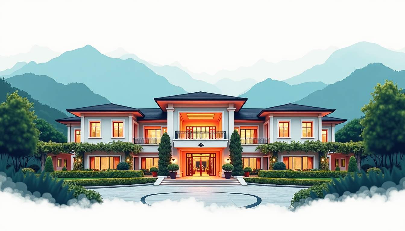 a luxurious hotel exterior in Genting, featuring elegant architecture, lush landscaping, and a vibrant casino entrance, all set against a backdrop of misty mountains to capture the opulence and excitement of the destination, hand-drawn abstract illustration for a company blog, white background, professional, minimalist, clean lines, faded colors