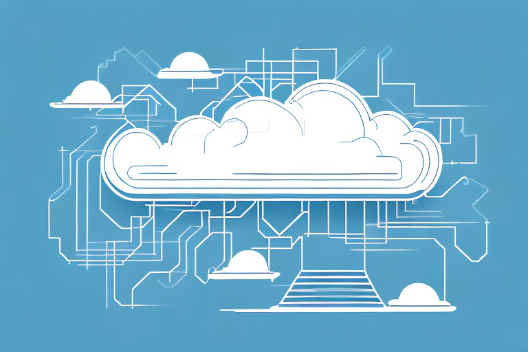a small and medium-sized building connected to a large, stylized cloud through digital lines, symbolizing the cloud computing connection, hand-drawn abstract illustration for a company blog, in style of corporate memphis, faded colors, white background, professional, minimalist, clean lines