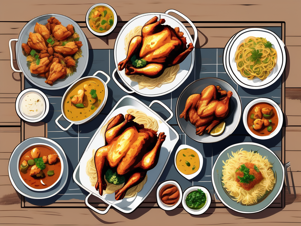 a variety of delicious chicken dishes from different cuisines, such as a steaming chicken curry, a crispy fried chicken, a savory chicken pasta, and a succulent roasted chicken, all set on a rustic dining table, hand-drawn abstract illustration for a company blog, white background, professional, minimalist, clean lines, faded colors