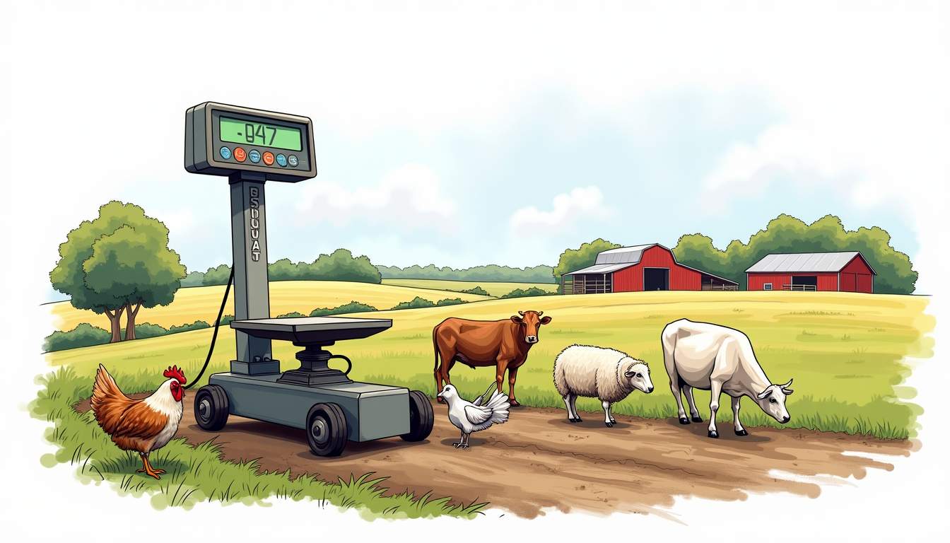 Draw an illustration of a robust agricultural scale placed in a picturesque farm setting, surrounded by various livestock such as cows, sheep, and chickens, with fields and barns in the background to highlight the scale's durability and functionality in farm operations, hand-drawn abstract illustration for a company blog, white background, professional, minimalist, clean lines, faded colors