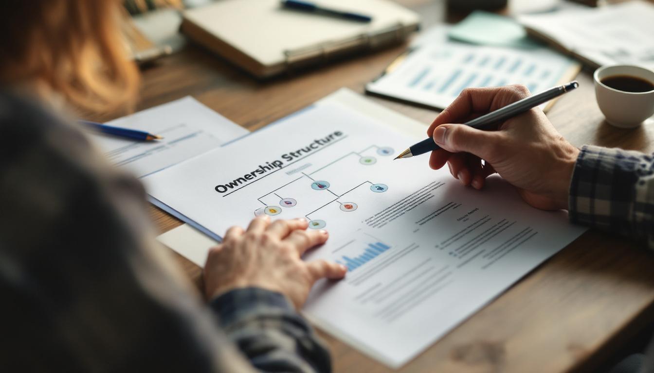 To personer som gjennomgår et dokument med eierskapsstruktur ved et skrivebord, omgitt av papirer, grafer og en kopp kaffe.